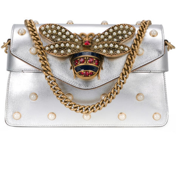 Gucci Broadway Pearly Bee Shoulder Bag Silver