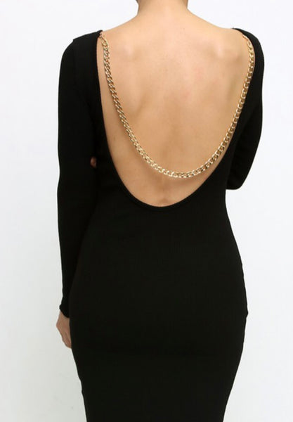 Black Long Sleeve Midi Dress With Scoop Back and Gold Chain