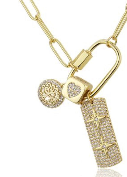 Gold Plated Box Chain with Zirconia Charms Necklace