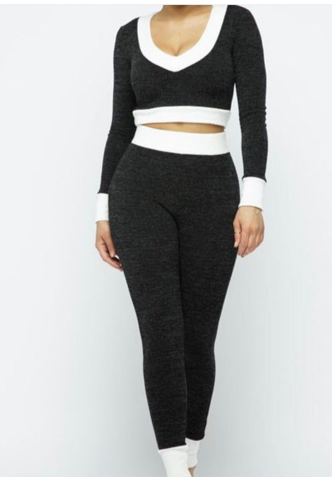 Black with White Trim V Neck Long Sleeve With Matching Jogger Pants