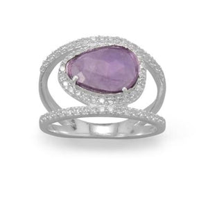 Rhodium Plated Amethyst and CZ Split Band Ring