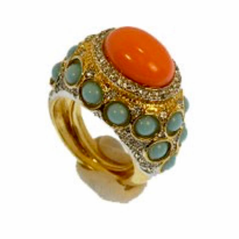 Gold Plated with Crystal Coral and Turquoise Ring