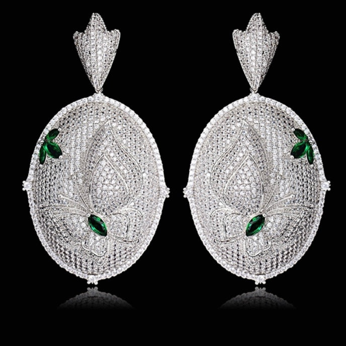 Silver With Green and White Oval Earrings