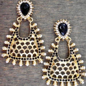 Gold Plated with Black and White Crystals Fashion Earrings