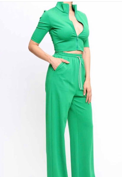 Green Short Sleeve Crop Top and Matching Pants Track Set