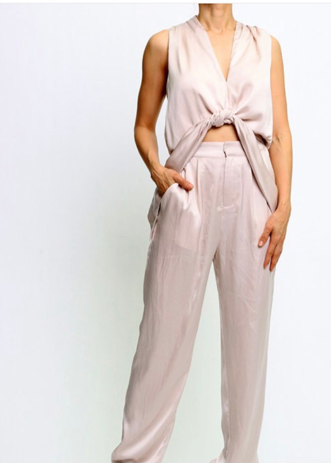 Ivory Sleeveless Knotted Top With Matching Pants