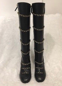 Chanel Black Quilted Leather Chain Zip Knee Boots