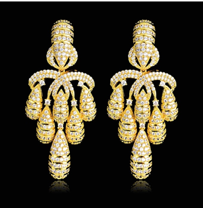 Gold Plated Chandelier with Cubic Zirconia Earrings