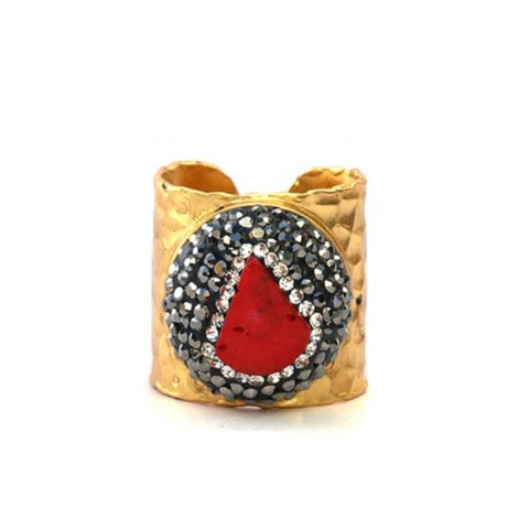 Gold Plated with Red Coral and Pave Crystal Ring