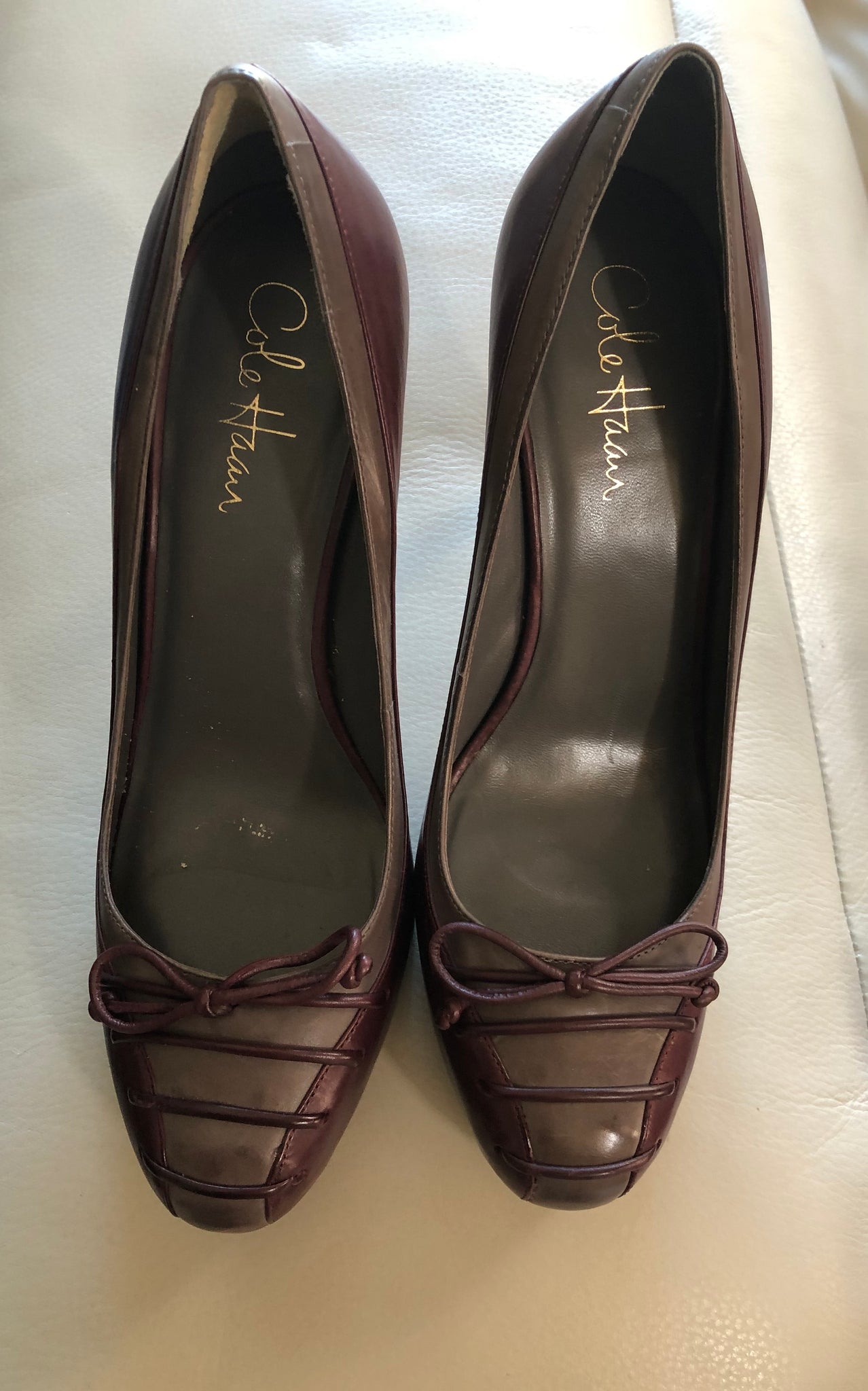 Cole Haan all leather high heel pump in Burgundy with Grey Trim