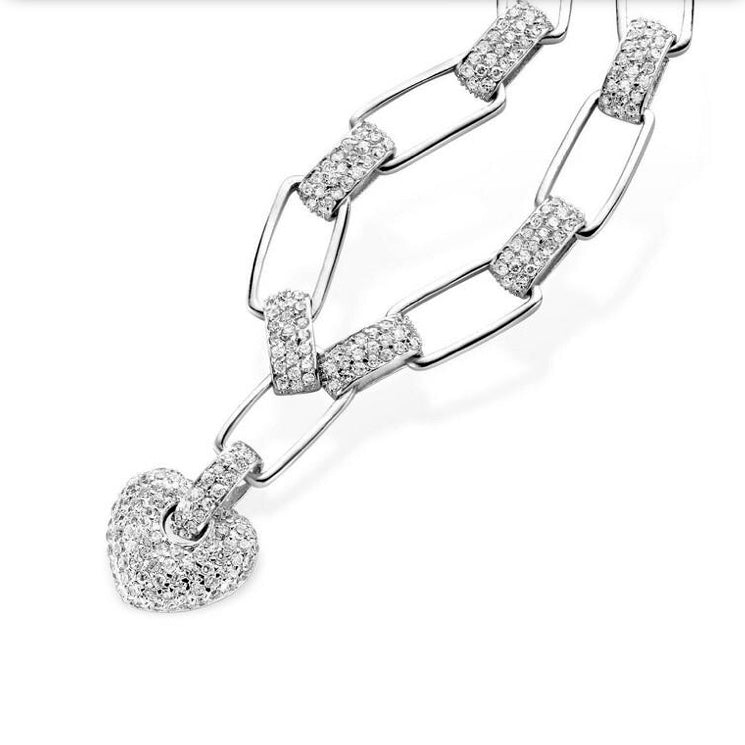 Silver Link Cubic Zirconia Heart Drop Necklace