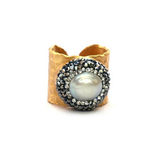 Gold Played with Natural Pearl and Pave Crystal Ring