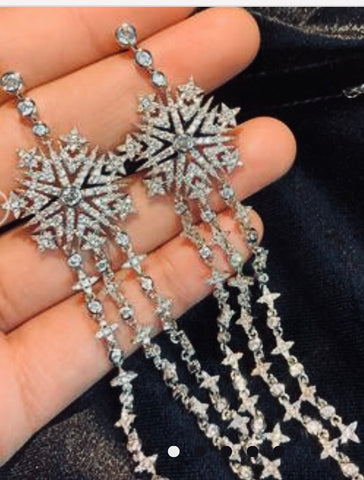 Long Tassle Snowflake Cubic Zirconia Earrings