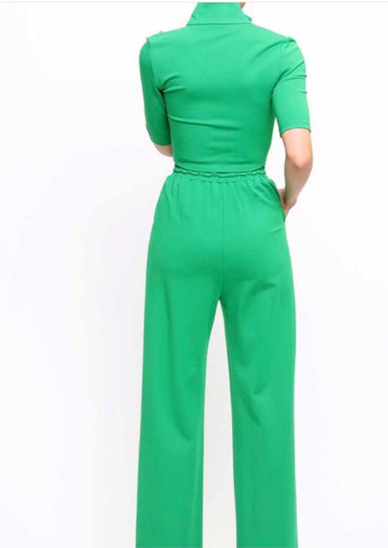 Green Short Sleeve Crop Top and Matching Pants Track Set
