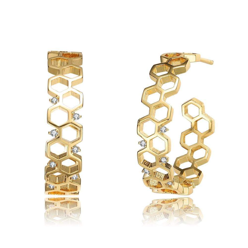 Gold Plated Open Hexagon with Zirconia Hoop Earrings