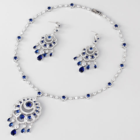 2Pc Platinum Plated Chandelier Blue and White Zirconia Set