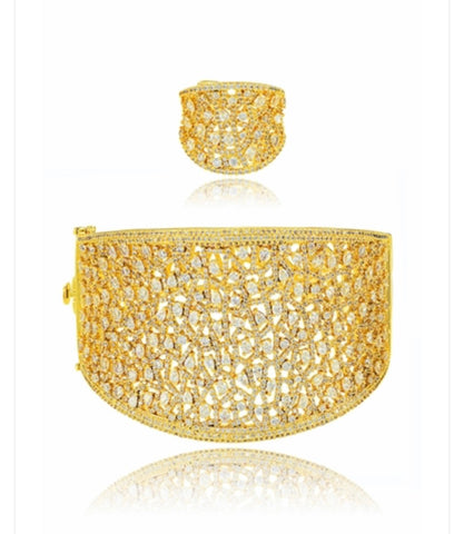 2pc Gold Plated Basket Weave Cuff and Ring Set