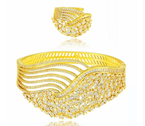 2pc Gold Plated with Zirconia Stone Fashion Cuff with Matching Ring