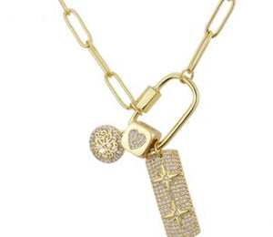 Gold Plated Box Chain with Zirconia Charms Necklace