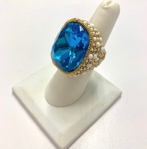 Gold Plated Aqua Center Stone white Pave Pearl Cocktail Ring