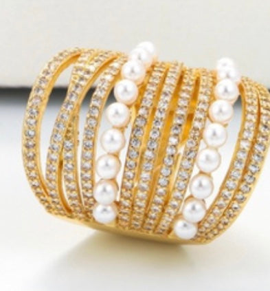 Micro Inlaid Zirconia And Pearls Double Layer Ring
