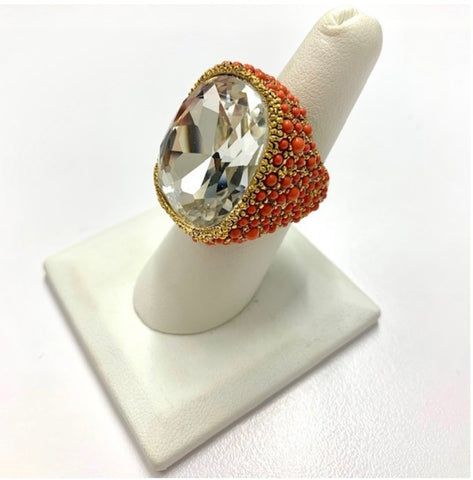 Gold Plated Coral and Crystal Cocktail Ring