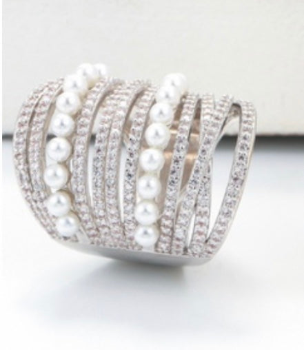 Micro Inlaid Zirconia And Pearls Double Layer Ring